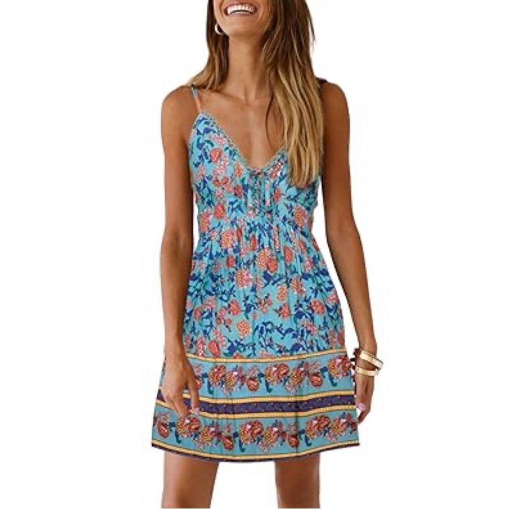 NWT CUPSHE Boho Floral Dahlia Blue Sleeveless Flowy Mini Spanish Style Dress